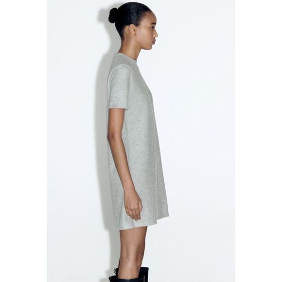 ZARA Short Sleeve Soft Mini Shift Dress In Gray - Picture 4 of 13